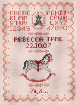 pink rocking horse birth sampler cross stitch kit