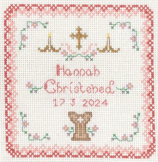 Pink Christening Sampler cross stitch