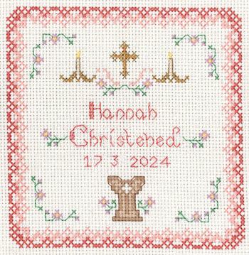 Pink Christening Sampler cross stitch kit gold cross and candles