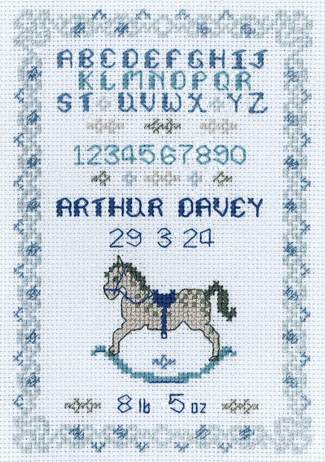 blue rocking horse birth sampler cross stitch
