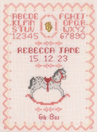 pink rocking horse birth sampler cross stitch