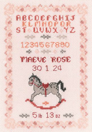 pink rocking horse birth sampler cross stitch